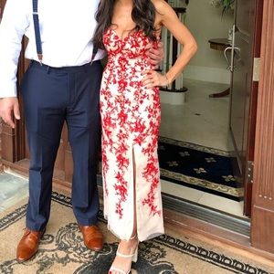 Nude & red lace ball gown dress